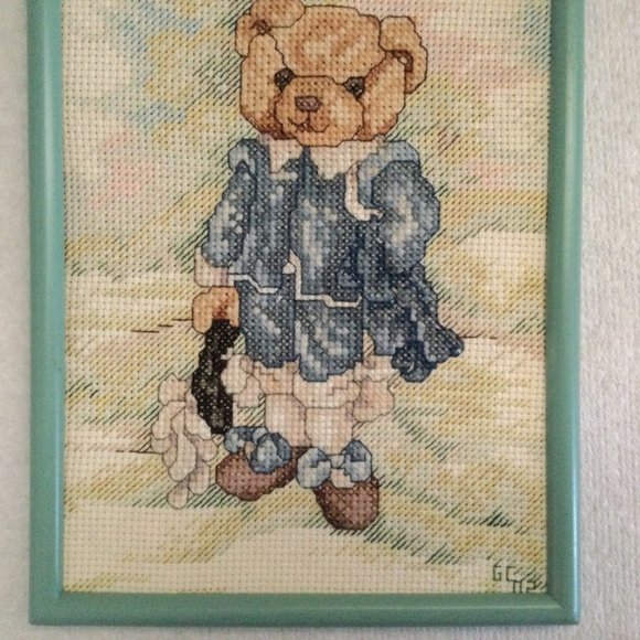 Janlynn BEAR - BLUE BOY SUIT Cross Stitch finished framed small home decor - Picture 4 of 5